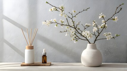 White cherry blossom branch in vase with diffuser and oil