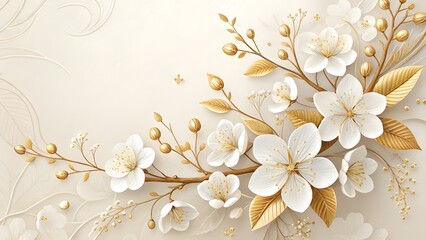 White Cherry Blossoms with Gold Accents on Cream Background 1