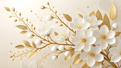 White Cherry Blossoms with Gold Accents on Cream Background