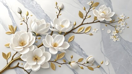 White Magnolia Flowers Gold Branches Marble Background