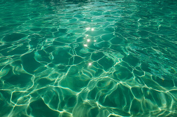 Fototapeta premium green water in a swimming pool with ripples and sunlight reflections. Background, banner, summer vacation concept.