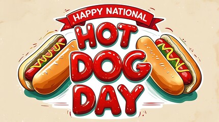Happy national hot dog day celebration with delicious hot dogs and bold red lettering