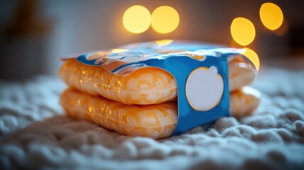 Two individually wrapped cheese slices on a soft surface with bokeh lights.