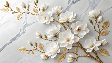 White Magnolia Flowers on Gold Branches Marble Background