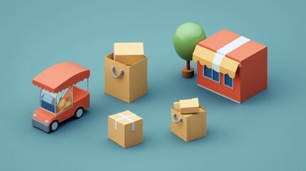 Isometric Illustration of Online Shopping with Delivery Service for e-commerce