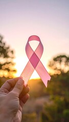 A hand holds a pink ribbon against a sunset backdrop