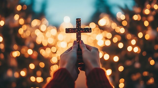 A wooden cross held aloft against a backdrop of christmas lights.