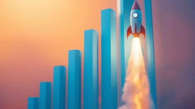 A 3D sparkling rocket launches alongside a tall bar graph. 4K video