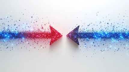 Two opposite arrows made of red and blue particles, symbolizing opposing forces or choices.