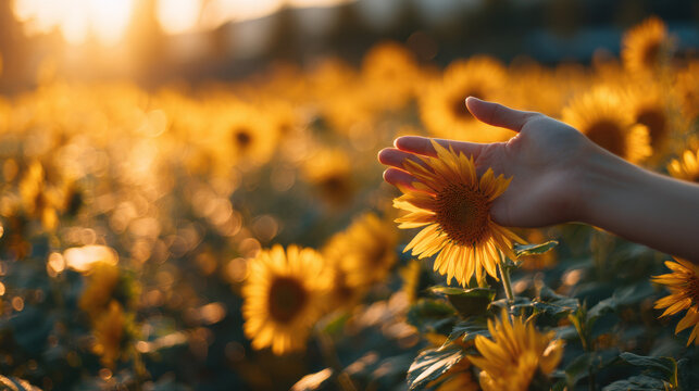Hand touching blooming sunflower in golden sunset field representing summer nature freedom serenity and outdoor seasonal happiness moment - Powered by Adobe
