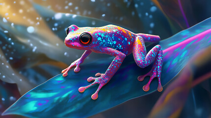 A vibrant tree frog with nano-claws and digital camouflage leaping across a bio-reactive leaf 