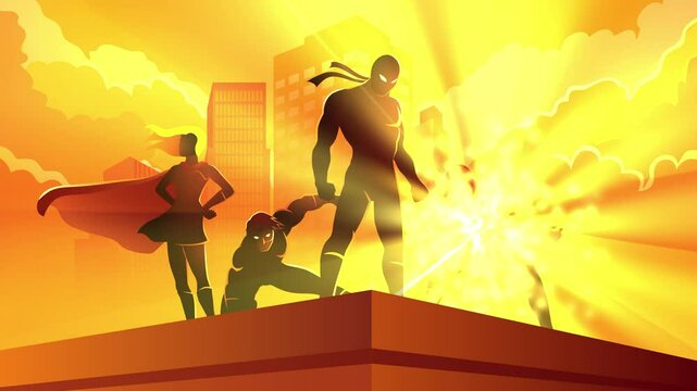 Dramatic superhero team silhouette with city buildings backdrop motion graphics
