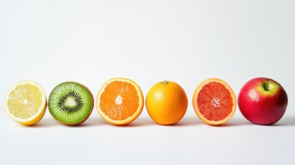 Colorful assortment of fresh fruit slices and whole pieces on a white surface