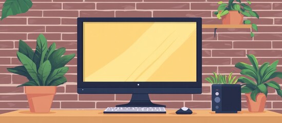Minimalist home office setup with brick wall backdrop and vibrant potted plants