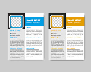 Modern Professional Resume/CV Template Design with Photo Placeholder and Dual Colour Options - Blue and Yellow/Orange Scheme for Job Application and Career Portfolio