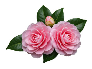 Fototapeta premium Two delicate pink camellia flowers and a bud with green leaves isolated on transparent background