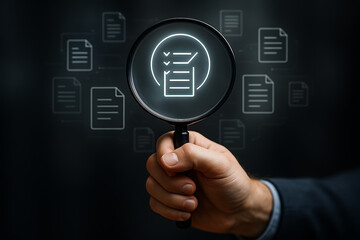 digital document validation, quality assurance, document auditing, magnifying glass, digital checklist, document review, audit icon, compliance check, inspection, digital QA, modern auditing, quality 