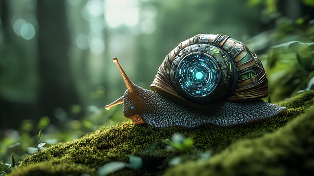 A snail with rotating digital shell interface and AI terrain sensors crawling on moss 
