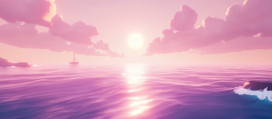 Tranquil ocean sunset painting with sailboat gliding on vibrant pink waters