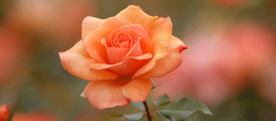 Delicate peach rose blossom bathed in soft light on a blurred garden background