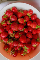 Fresh sweet strawberries in a white bowl on a white background. Seasonal berries.