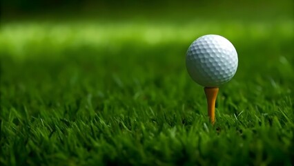 close-up of a white golf ball resting on a wooden tee, perfectly framed against vibrant green grass