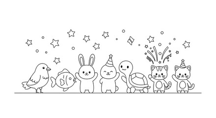 Festive cartoon animals including a bird, fish, rabbit, turtle, and cats celebrate together with party hats and confetti against a blank background.