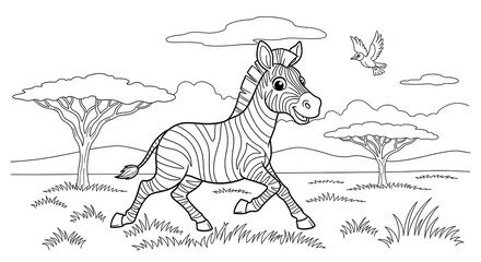A playful zebra gallops across an African savanna, a charming outline illustration suitable for coloring books or educational resources, offering a glimpse of wildlife.