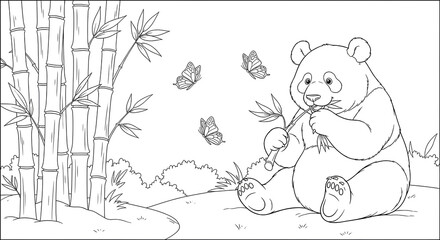 An adorable panda coloring page featuring the cute animal sitting and eating bamboo, with lovely butterflies and bamboo trees in a detailed illustration.