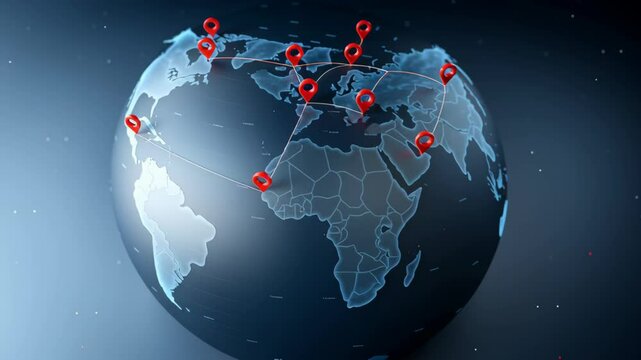 Global trade small business. Red location pin on digital globe with network connection lines showing global network and travel routes on world map with glowing lines - Powered by Adobe