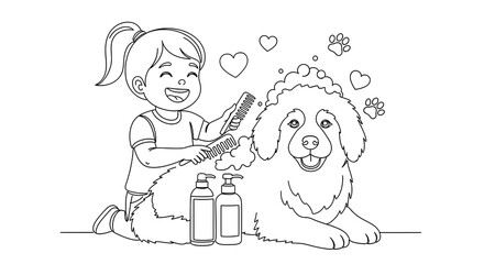 A cheerful little girl grooms her fluffy dog with a comb and soap, surrounded by hearts and paws, representing affection and care.