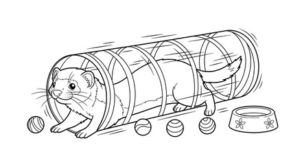 A delightful ferret illustration explores a tunnel, showcasing an active pet alongside balls and a bowl in a playful, engaging outline.