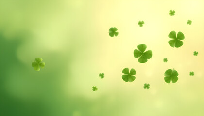 Abstract background with floating four-leaf clovers, soft gradients in green and gold, minimal composition, dreamy and elegant 2