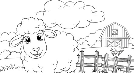 Charming coloring page features a cartoon sheep with a barn and bird in a rural farm scene, perfect for creative, educational activities.