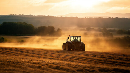 Fototapeta premium Farmers driving tractors to gather hay during sunset in the French countryside