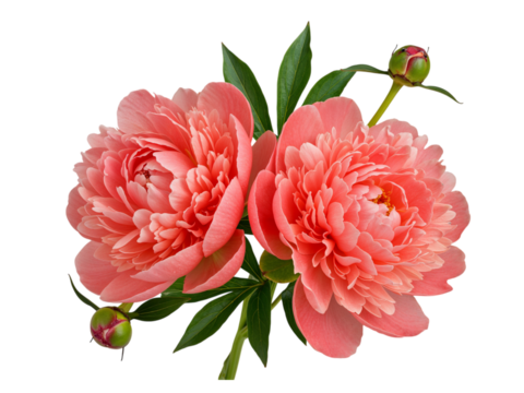 Two coral pink peony flowers with buds and green leaves isolated on transparent background