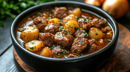 Hearty Beef and Potato Stew Served in a Black Bowl on a Wooden Surface
