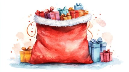 Festive watercolor illustration of Santa's sack overflowing with colorful gifts