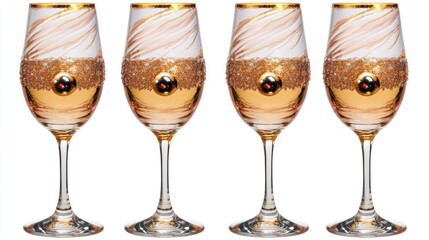 Elegant golden champagne flutes with ornate decorations on a pristine background