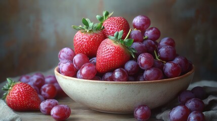 Ceramic bowl filled with juicy strawberries and ripe red grapes on wooden table