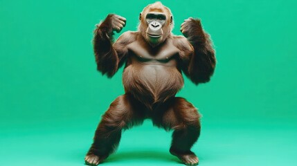 Humorous gorilla stance with raised fists against a bright green backdrop