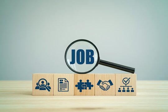 Magnifying glass highlighting the word job above wooden cubes with icons representing career search resume teamwork handshake and organizational structure