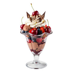 Delicious chocolate and berry sundae featuring whipped cream, fresh cherries, and cocoa-dusted chocolate shavings, elegantly presented in a clear dessert glass on a white surface.

