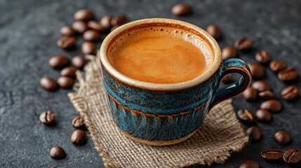 Aromatic espresso in handcrafted cup with roasted coffee bean arrangement