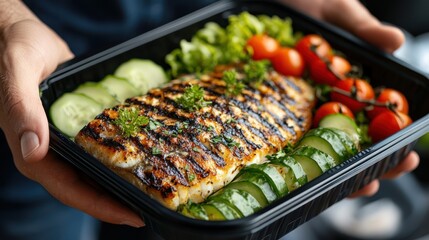 A close-up shot of hands holding a takeaway box with grilled fish fillet