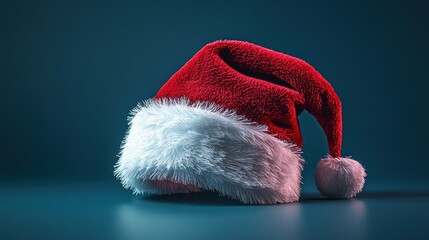 Festive Santa hat on blue reflective surface invoking the Christmas spirit