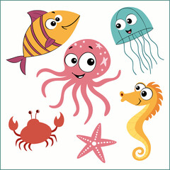 Hand drawn flat design sea animals collection