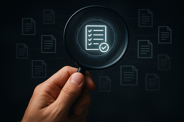 digital document validation, quality assurance, document auditing, magnifying glass, digital checklist, document review, audit icon, compliance check, inspection, digital QA, modern auditing, quality 