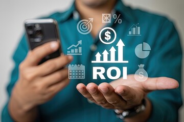 Man holding smartphone displaying roi and financial growth icons symbolizing investment success and business analytics