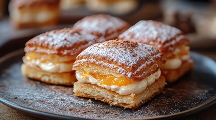 Delicious Powdered Pastries Filled with Cream and Apricot Jam on a Plate